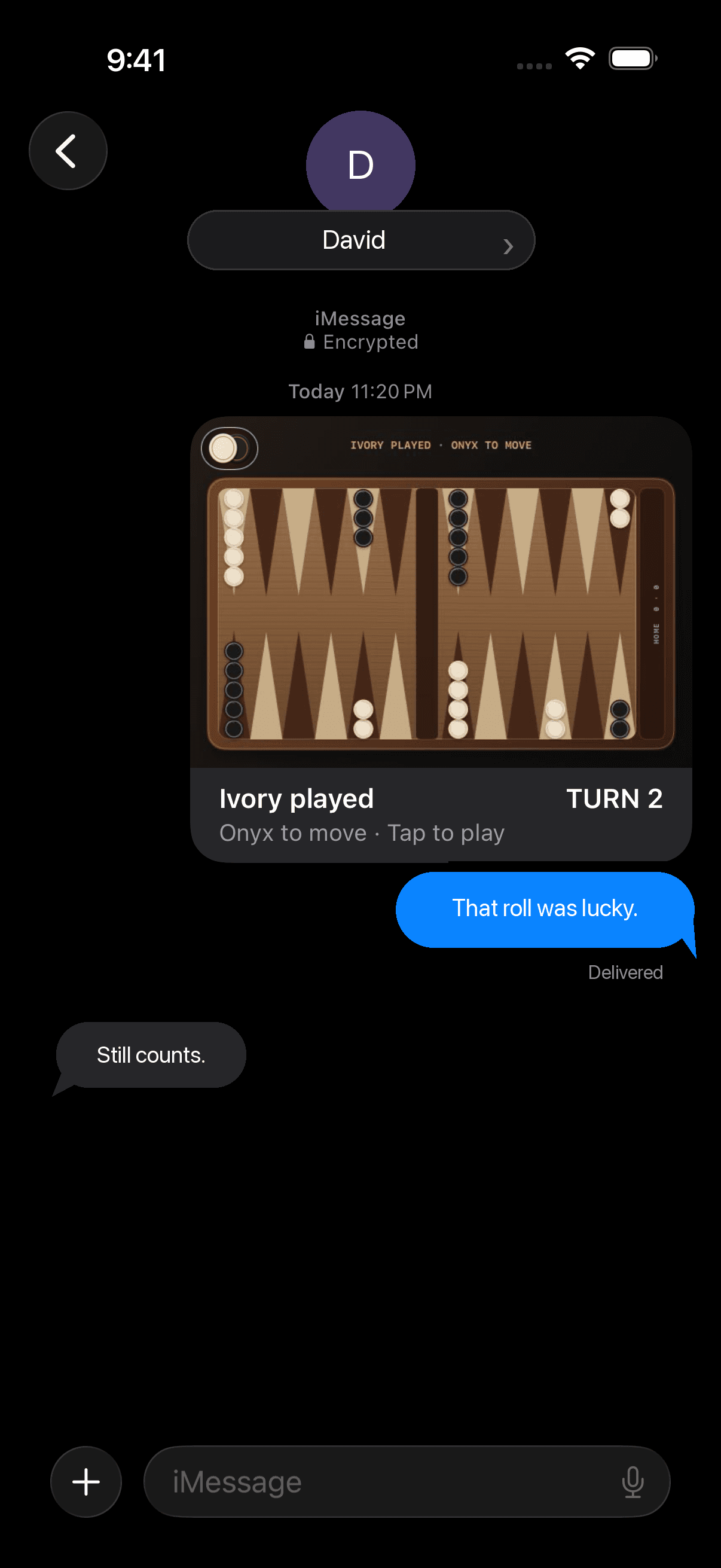 A Backgammon turn and playful Messages conversation with David in dark mode